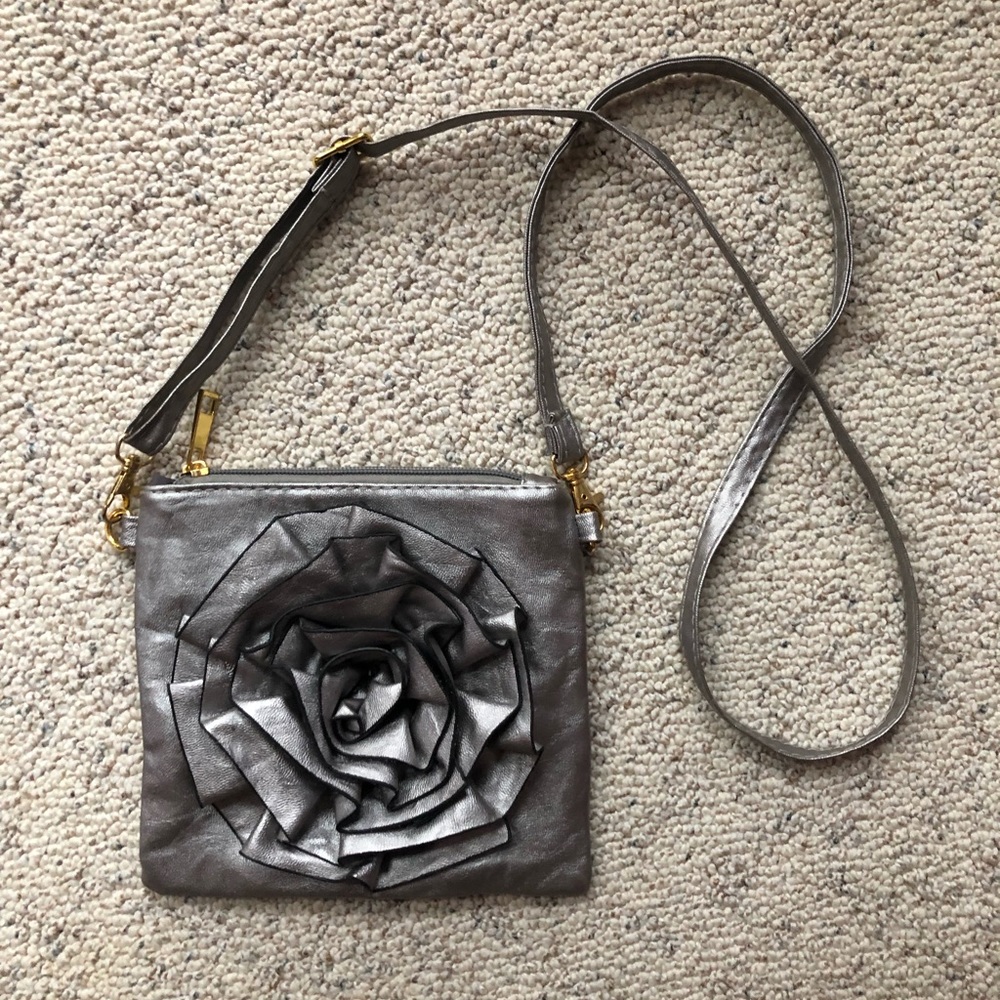 SAX Metallic Silver Flower Front Crossbody Purse